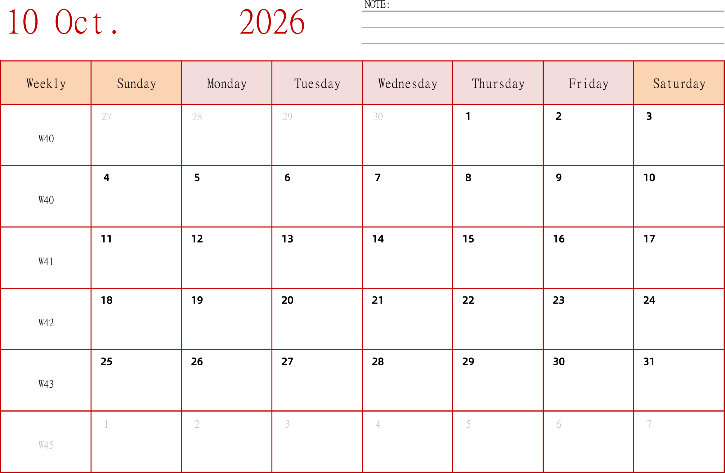 日历表2026年日历 英文版 横向排版 周日开始 带周数